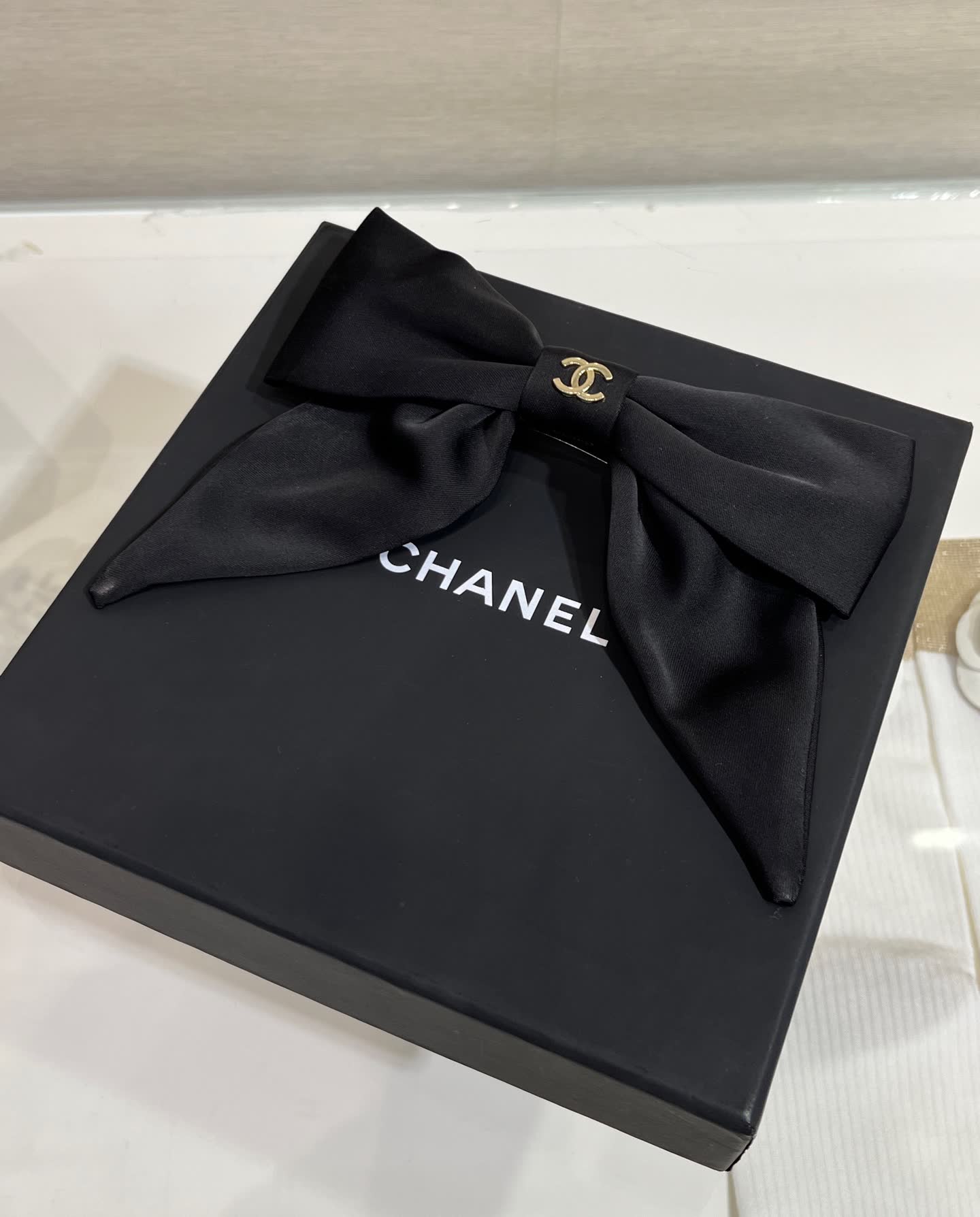 Chanel Black Satin Hair Clip with Bow